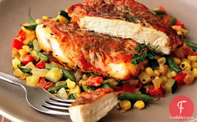 Sauteed Chicken Breasts with Country Ham and Summer Succotash
