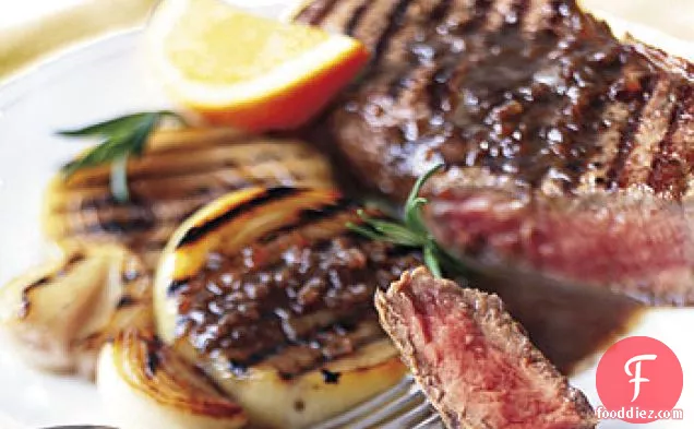 Grilled Steak and Onions with Rosemary-Balsamic Butter Sauce