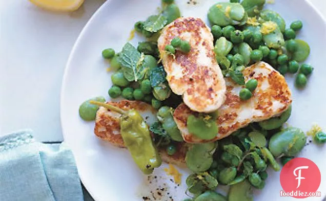 Sizzling Halloumi Cheese with Fava Beans and Mint