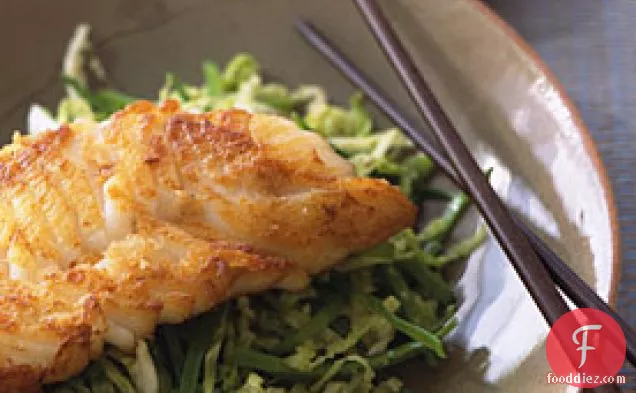 Sauteed Cod on Snow Peas and Cabbage with Miso Sesame Vinaigrette