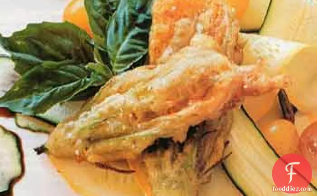 Cheese-Stuffed Squash Blossoms with Shaved Baby Squash and Toasted Pumpkin Seeds