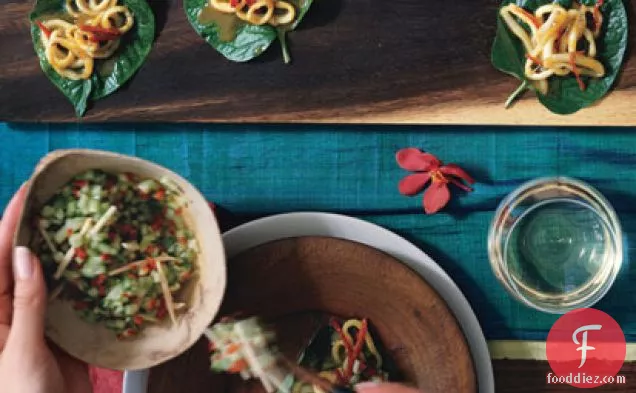 Betel Leaf Wraps with Curried Squid and Cucumber Relish