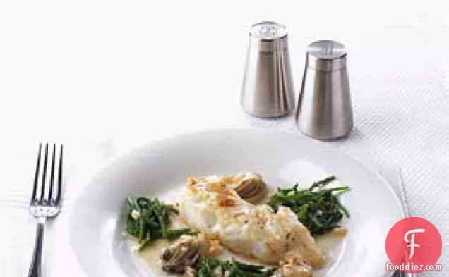 Black Roasted Cod with Sea Beans and Oysters