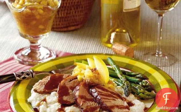 Maple-Chipotle Pork on Smoked Gouda Grits with Sweet Onion Applesauce