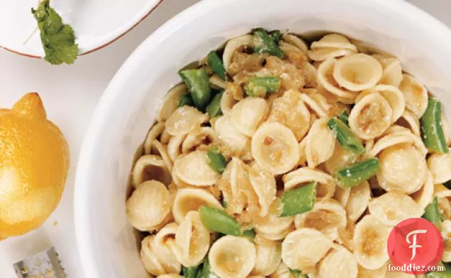 Orrechiette with Caramelized Onions, Sugar Snap Peas, and Ricotta Cheese