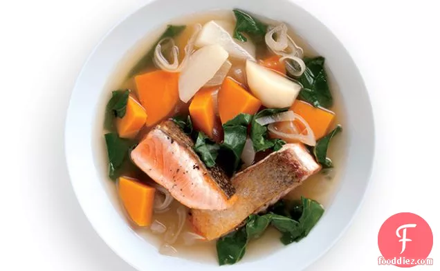 Seared Salmon with Winter Vegetables and Kombu Broth