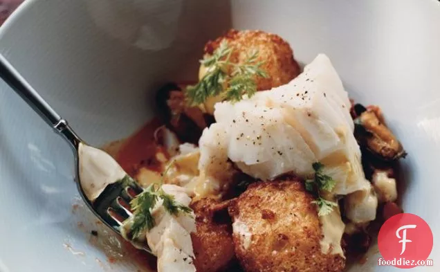 Cod with Mussels, Chorizo, Fried Croutons, and Saffron Mayonnaise
