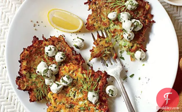 Zucchini Fritters with Herb-and-Mozzarella Salad