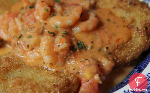 Fried Green Tomatoes with Shrimp and Tomato Basil Cream Sauce