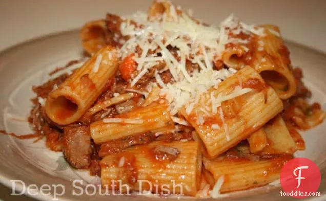 Leftover Brisket Meat Sauce with Rigatoni