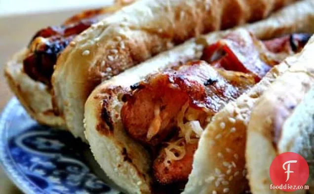 Grilled Bacon-Wrapped Stuffed Hot Dogs