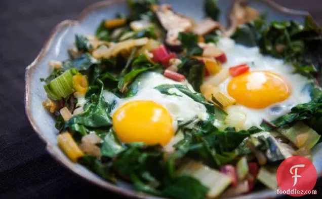 Eggs Nested in Sautéed Chard and Mushrooms