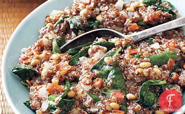 Red Quinoa Pilaf with Tomato, Spinach and Pine Nuts