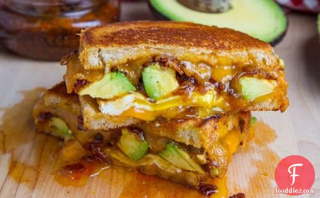 Bacon Jam and Avocado Grilled Cheese Sandwich with Fried Egg