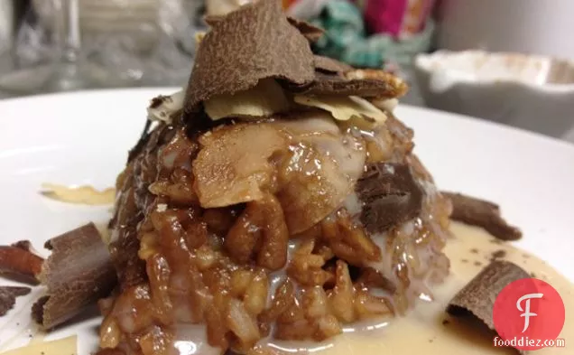 Chocolate Coconut and Pecan Rice Pudding with Caramel Sauce
