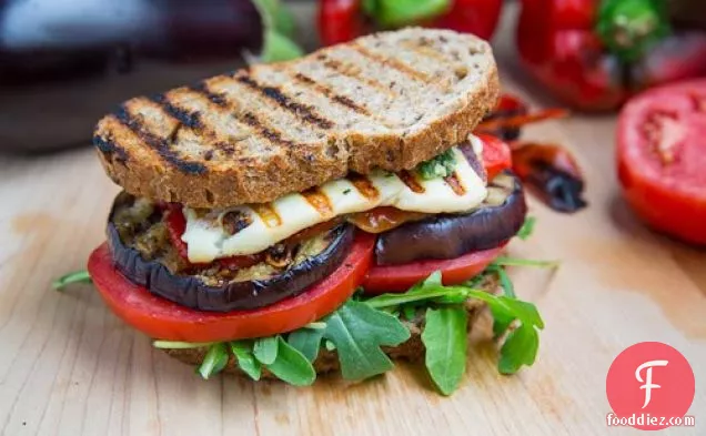 Grilled Eggplant and Roasted Red Pepper Sandwich with Halloumi