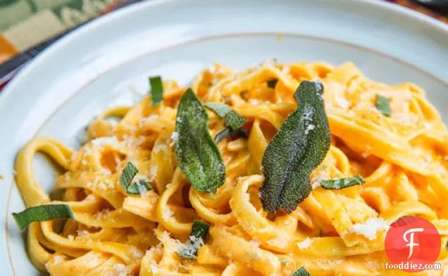 Pumpkin Goat Cheese Fettuccine Alfredo with Crispy Fried Sage