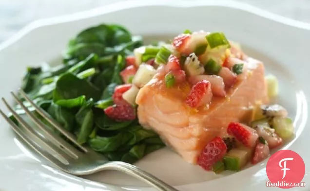 Easy Baked Salmon with Wilted Spinach and Strawberry Salsa