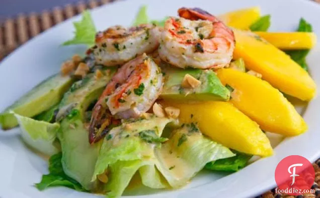 Mango, Avocado and Grilled Shrimp Salad with a Peanut Dressing