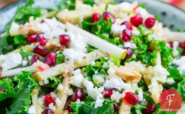 Apple and Pomegranate Quinoa and Kale Salad with Feta in a Curried Maple Dijon Dressing