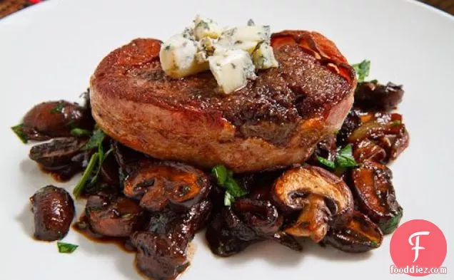 Double Smoked Bacon Wrapped Filet Mignon with Caramelized Mushrooms topped with Blue Cheese