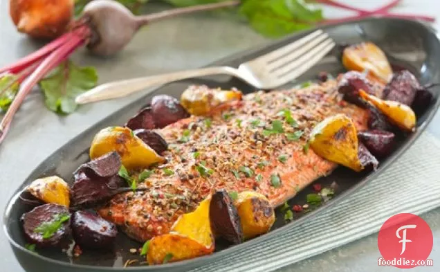 Spice-Crusted Salmon with Roasted Ginger Beets