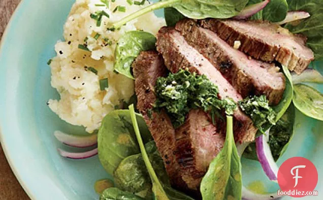 Steak with Lemon-Herb Pesto and Spinach Salad