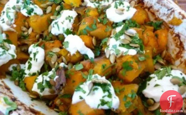Roasted Butternut Squash With Indian Spices, Yogurt And Seeds