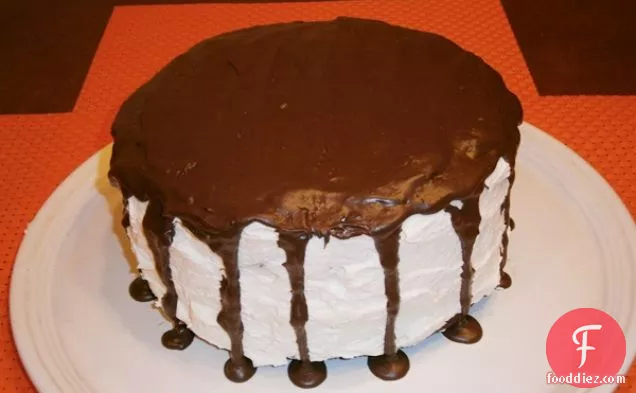 सफेद फ्रॉस्टिंग और चॉकलेट गन्ने के साथ शाकाहारी चॉकलेट केक