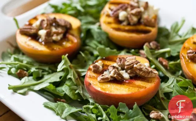 Grilled Peach Salad with Toasted Pecans, Blue Cheese and Honey Balsamic Syrup
