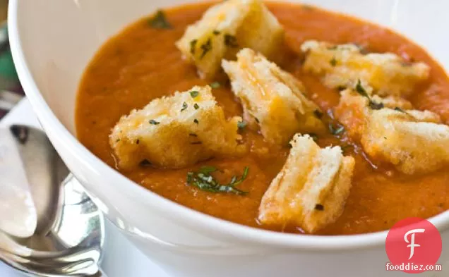 Grilled Tomato Soup with Grilled Cheese Croutons (+ Panini Press Giveaway from Sargento!)