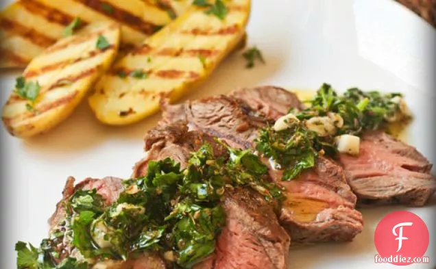 Grilled Flat Iron Steak with Chimichurri and Fingerling Potatoes