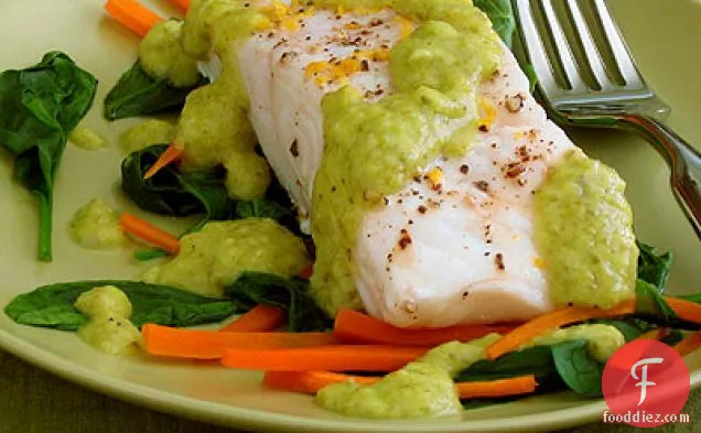 Steamed White Fish with Julienned Carrots and Spinach with Lemon-Green Onion Sauce