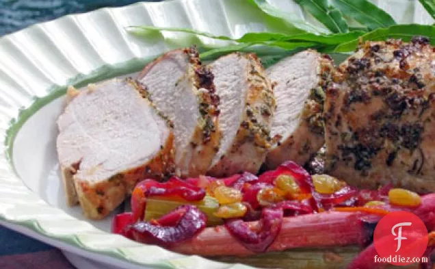 Herb Crusted Pork Loin with Braised Spiced Rhubarb and Celery