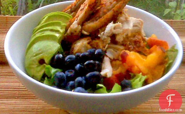 System D Salad of Frissée with Spatchcocked Chicken, Peaches, Avocado, and Blueberries