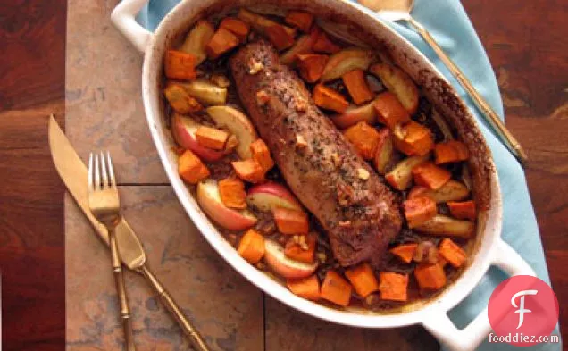 Apple Molasses Roasted Pork Tenderloin with Sweet Potatoes, Apples and Walnuts