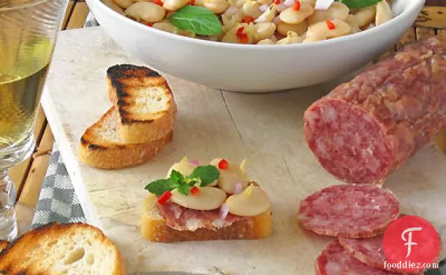 Butter Bean Crostini with Mint and Salami