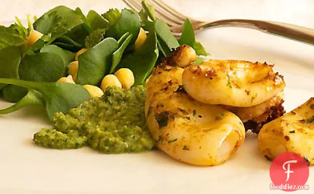 Grilled Squid with Miner’s Lettuce Salad & Mint, Parsley, Anchovy Pesto