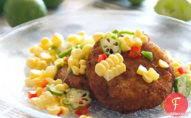 Blue Crab Cakes with Raw Corn, Okra and Key Lime Succotash