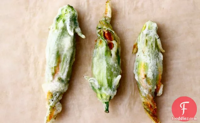Squash Blossoms Stuffed With Goat Cheese, Corn And Poblano Peppers