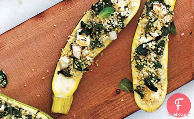 Plank-Grilled Zucchini with Couscous, Spinach, and Feta Stuffing