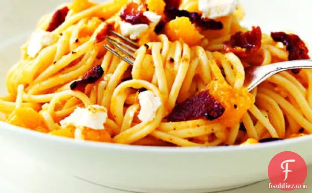 Linguine with Squash, Bacon, and Goat Cheese