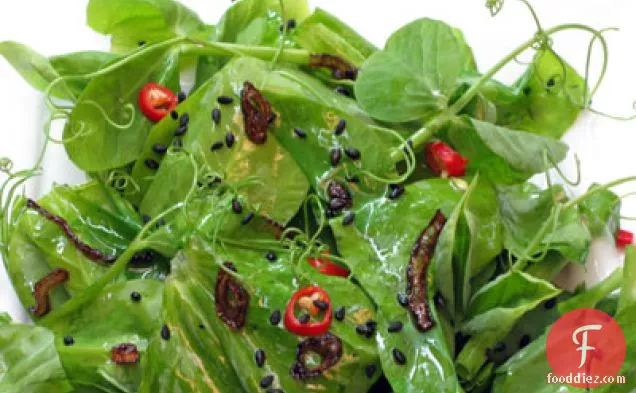 Pea Tendril Salad with a Warm Sesame and Red Chili Dressing