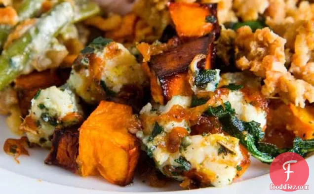 Roasted Butternut Squash with Caramelized Onions, Gorgonzola and Crispy Fried Sage