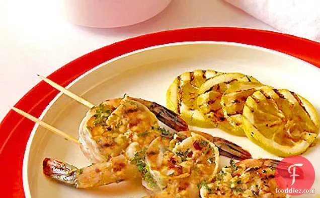 Brined Shrimp Skewers with Tomatillo-Avocado Salsa & Grilled Lemon Slices