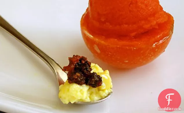 Corn Brulee with Spicy Candied Bacon & Tomato Sorbet