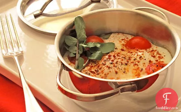 Eggs Baked in Yogurt with Spinach, Tomatoes & Watercress