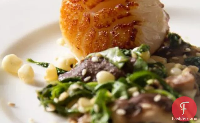 Seared Jumbo Sea Scallops with Wilted Arugula, Corn, Shiitake Salad & Soy Ginger Vinaigrette