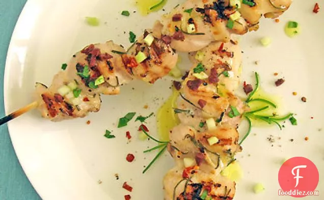 Chicken Skewers with Chopped Cucumber, Arugula & Olives
