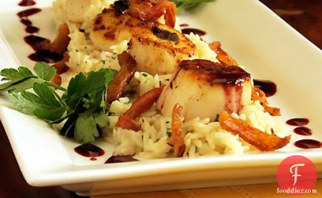 Seared Scallops with Spicy Blackberry Sauce, Guanciale & Shiitake Risotto